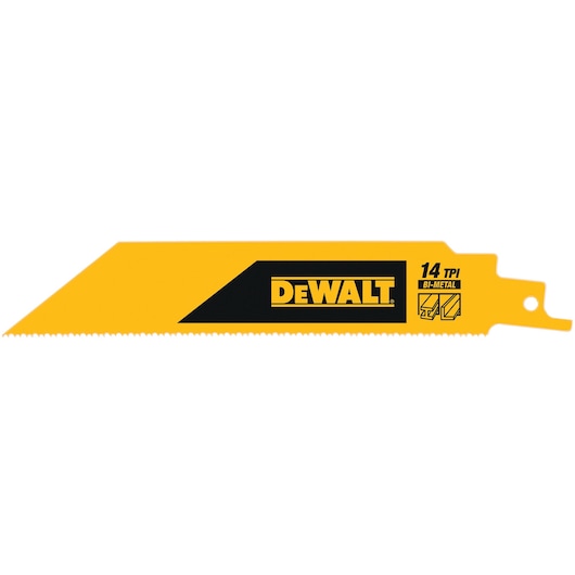 DEWALT bi-metal saw blade with 14 TPI. Yellow blade for cutting applications. Model DT90390 shown.
