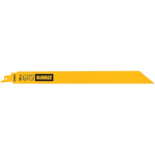 Yellow DEWALT reciprocating saw blade with teeth, 14 TPI, for cutting wood and metal.