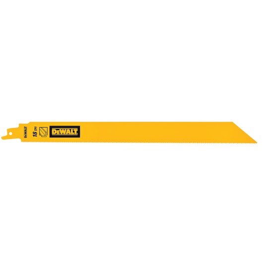 DEWALT DT90391 yellow reciprocating saw blade with fine teeth and angled tip, designed for cutting tasks.