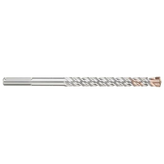 Silver DEWALT SDS drill bit with spiral body and copper tip, shown horizontally on a white background.