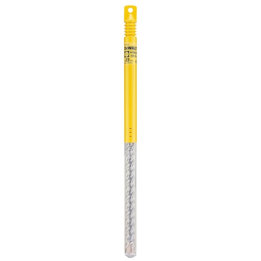 DEWALT DT9420 SDS-4 masonry drill bit in yellow packaging, with clear section showing spiral metal bit.