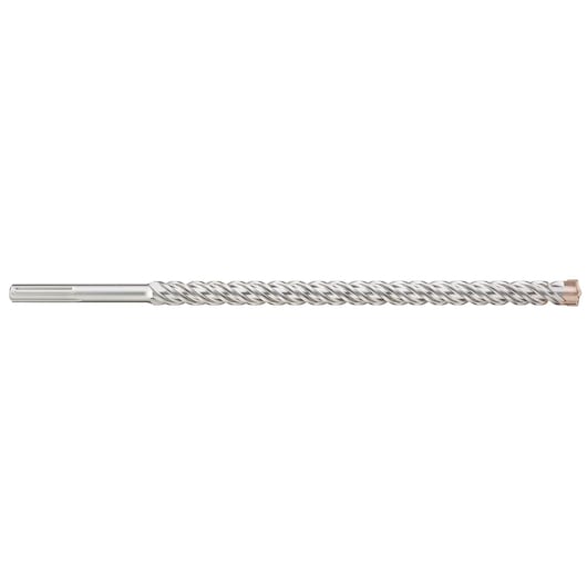 A long, spiral SDS drill bit for masonry or concrete, made of metal, shown horizontally on a white background.
