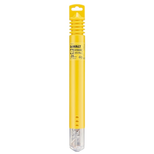 DEWALT yellow SDS-Max drill bit packaging, labeled Extreme, 28mm, durable plastic container.