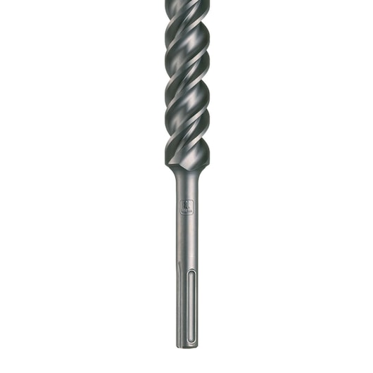 Close-up of a spiral SDS masonry drill bit, designed for use in rotary hammer drills.