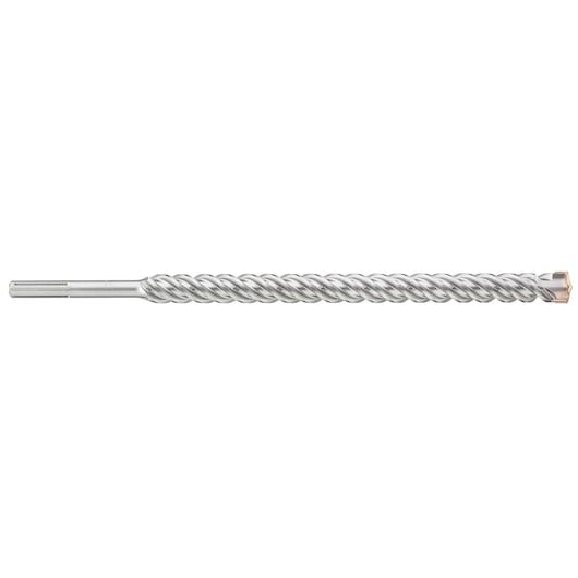 Long, silver masonry drill bit with spiral design and SDS shank, isolated on white background.