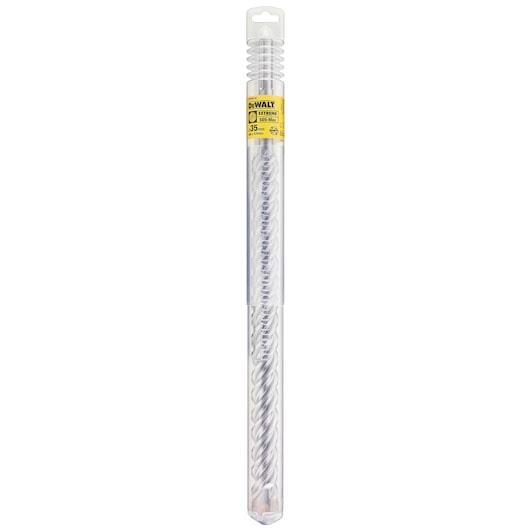 DEWALT SDS-Max masonry drill bit in plastic packaging, visible spiral design, size and brand details on label.