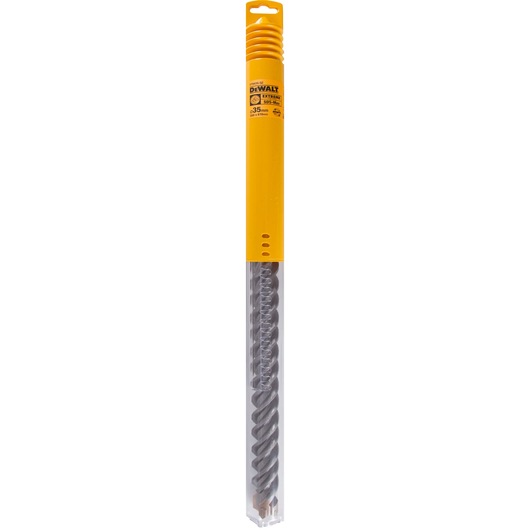 DEWALT DT9439 long masonry drill bit in yellow plastic packaging, intended for concrete and stone drilling.