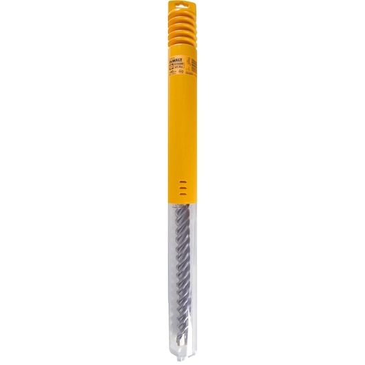 DEWALT drill bit in yellow and clear plastic packaging, upright and isolated on white background.