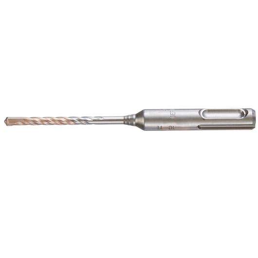 Metal DEWALT drill bit with spiral flutes and SDS shank, used for masonry drilling applications.