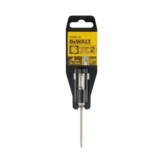 DEWALT DT9502 SDS-Plus 4mm drill bit in retail packaging, intended for use in masonry or concrete.