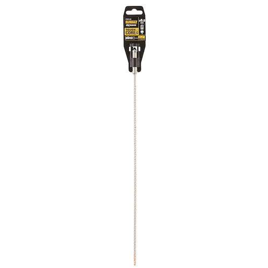 DEWALT DT9513 masonry drill bit with ToughCore packaging, long twisted metal shaft for drilling.