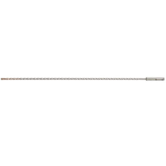 Long metal drill bit with spiral grooves, used for masonry or concrete drilling.