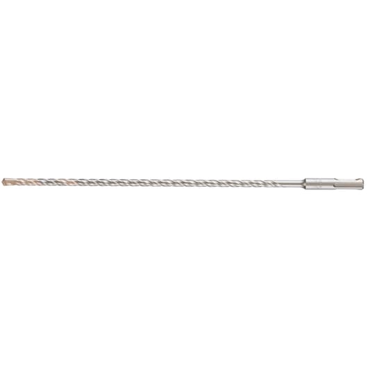 Long, silver DEWALT DT9523 masonry drill bit with spiral flutes for rotary drilling.
