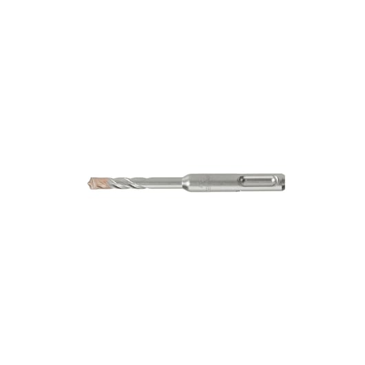 Single DEWALT SDS drill bit for masonry, silver, with spiral flutes and flat shank, isolated on white.