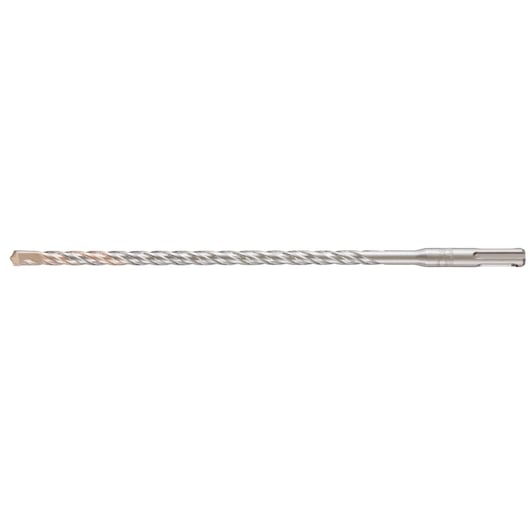 Long, silver masonry drill bit with spiral design, used for concrete or stone drilling tasks.