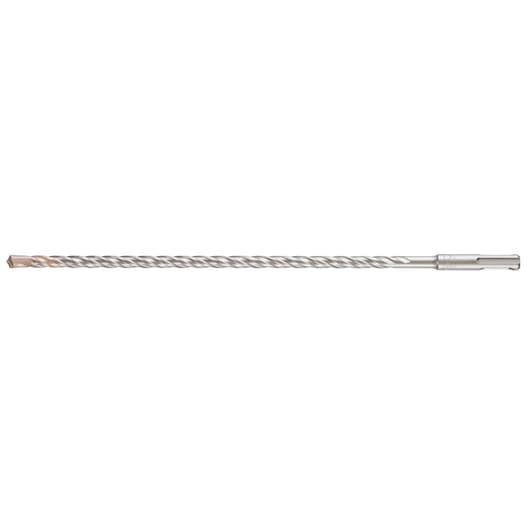 A long, silver masonry drill bit with a spiral design, shown on a plain white background.