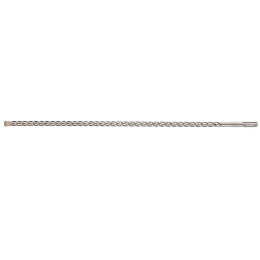 Long, spiral metal drill bit for masonry, photographed on a white background.