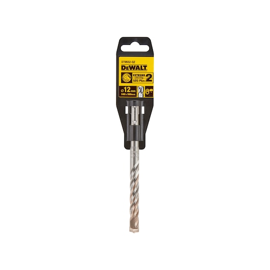 DEWALT DT9552 SDS-Plus masonry drill bit in retail packaging, 12mm diameter for concrete and stone drilling.