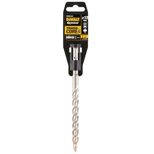 DEWALT DT9553 12mm tough core masonry drill bit in packaging, showing spiral design and product branding.