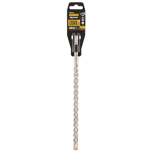 DEWALT DT9555 Tough Core 12mm drill bit for masonry, shown in retail packaging.