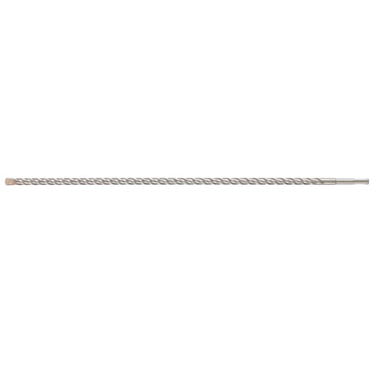 A long, silver DEWALT SDS drill bit with spiral grooves, shown isolated on a white background.