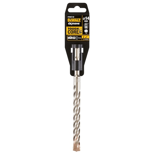 DEWALT Extreme ToughCore drill bit, 14mm diameter, in retail packaging, silver with spiral tip.