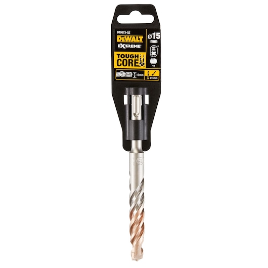 DEWALT DT9573 15mm Extreme Tough Core drill bit in retail packaging, suitable for masonry and concrete.