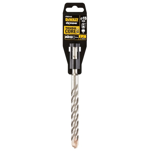 DEWALT DT9574 Toughcore 15mm drill bit in retail packaging, designed for masonry and concrete drilling.