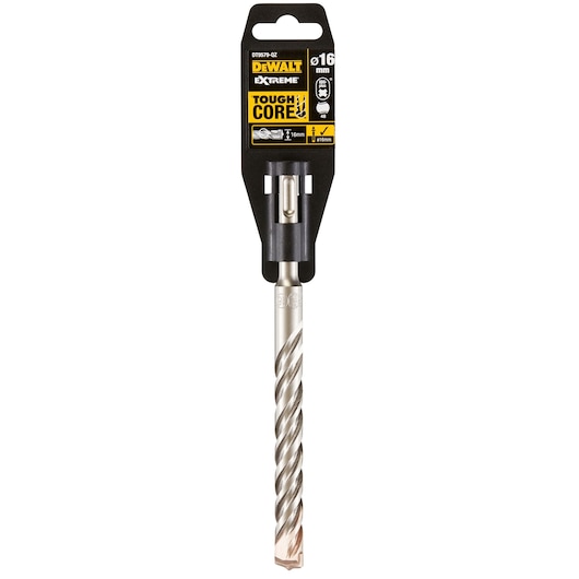 DEWALT DT9579 ToughCore drill bit, 16mm, silver, shown in packaging for masonry or concrete drilling.