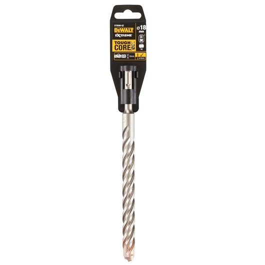 DEWALT DT9588 18mm masonry drill bit in packaging, with spiral design and ToughCore label visible.