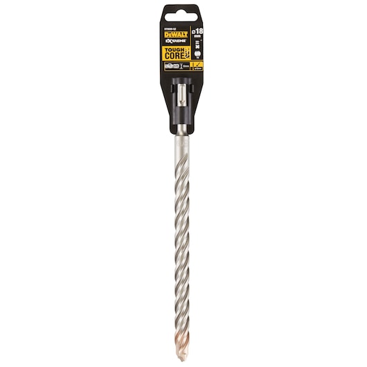 DEWALT DT9589 masonry drill bit in packaging, 18mm diameter, silver color, labeled Extreme ToughCore.