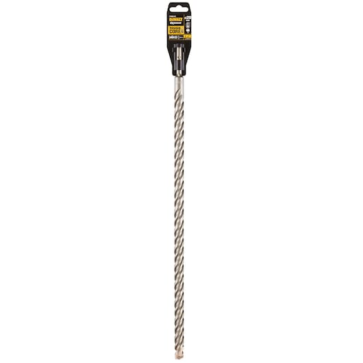 Long DEWALT DT9600 drill bit with spiral design and black-yellow packaging, used for heavy-duty drilling.