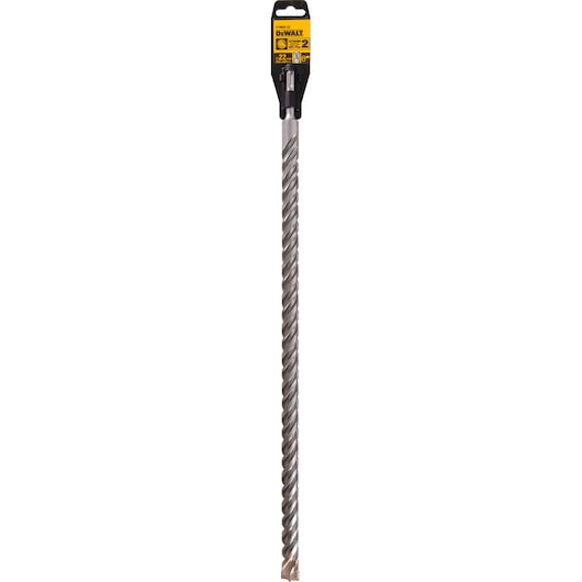 Long DEWALT masonry drill bit with spiral design, packaged with yellow label at the top.
