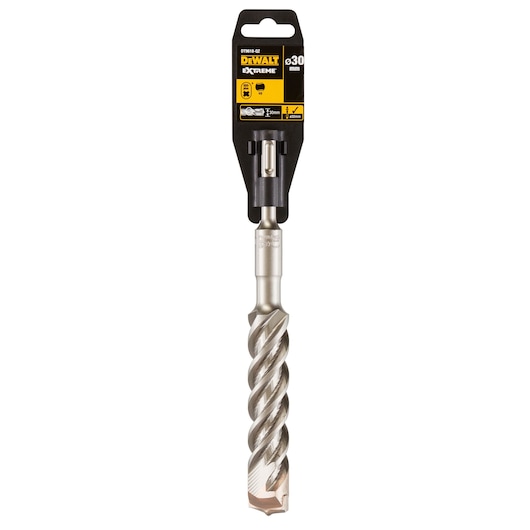 DEWALT DT9618 Extreme 30mm hammer drill bit in retail packaging with spiral design and carbide tip.