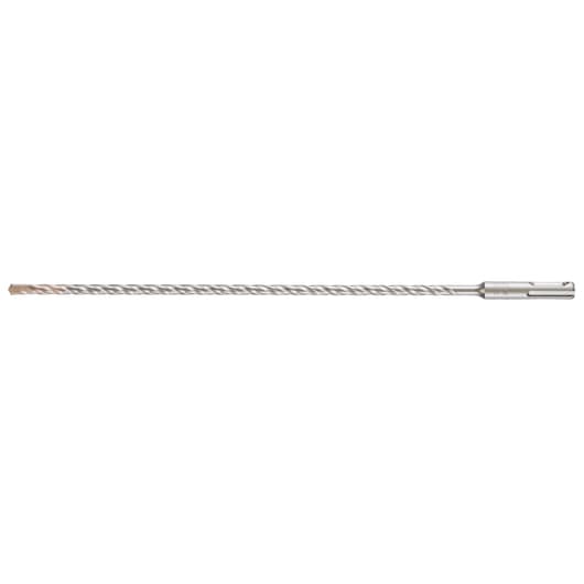 Long, silver DEWALT SDS drill bit with spiral fluting, designed for masonry drilling and construction tasks.