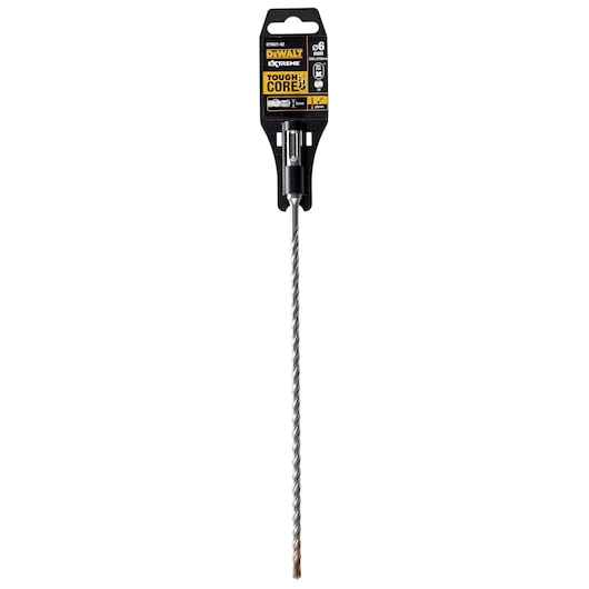 Long DEWALT drill bit with spiral design, packaged with black and yellow label for masonry work.