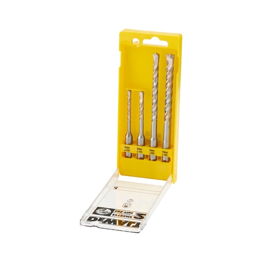 DEWALT DT9700 set with four masonry drill bits in a yellow plastic case, displayed upright with open lid.