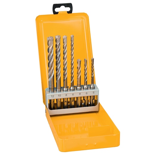 Yellow box containing a set of metal DEWALT drill bits in various sizes arranged upright.