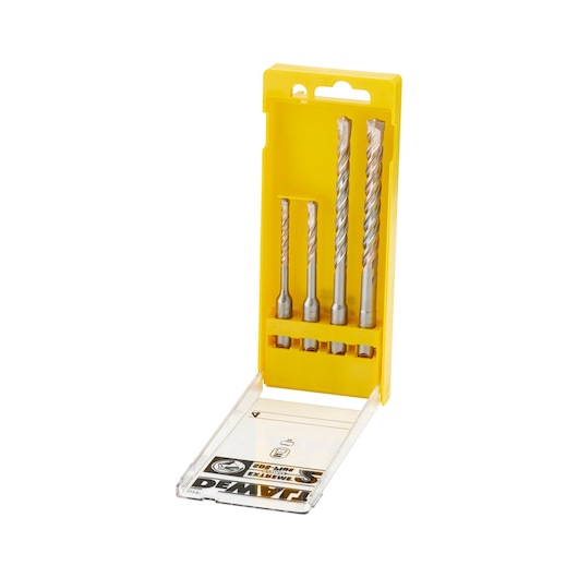 DEWALT DT9702 set of four masonry drill bits in a yellow plastic case, lid open and bits visible.