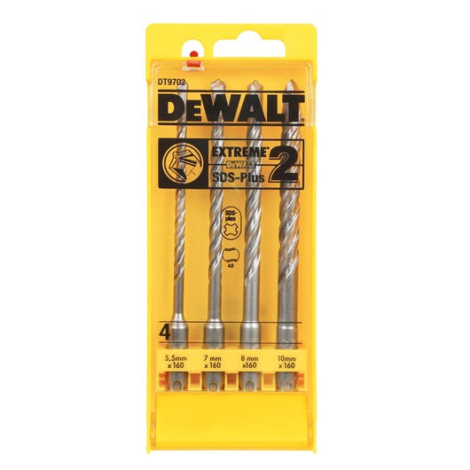DEWALT DT9702 pack with four SDS-Plus masonry drill bits in yellow plastic case, sizes 5.5-10mm.
