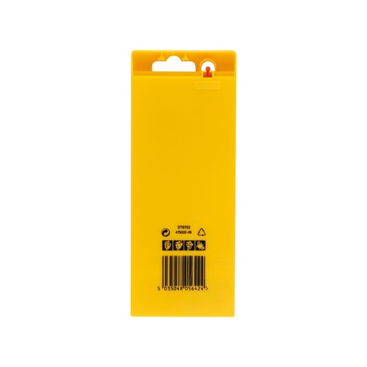 Back view of yellow DEWALT DT9702 package with barcode and safety icons, white background.