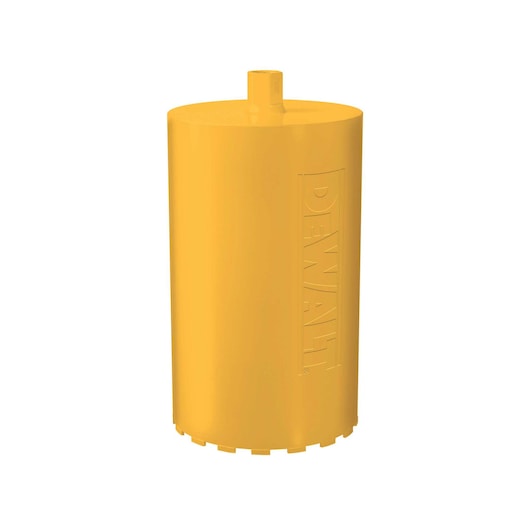 DEWALT DT9767 yellow cylindrical core drill bit with branded embossing, used for heavy-duty drilling applications.