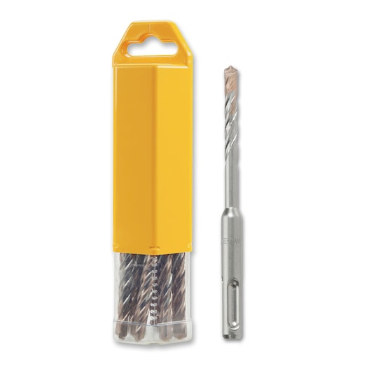 DEWALT drill bits with yellow plastic case. One bit is outside the case, others are inside, visible through clear bottom.
