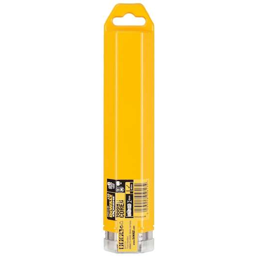 Yellow DEWALT DT9818 drill bit case with hanging hole and product label at the bottom.