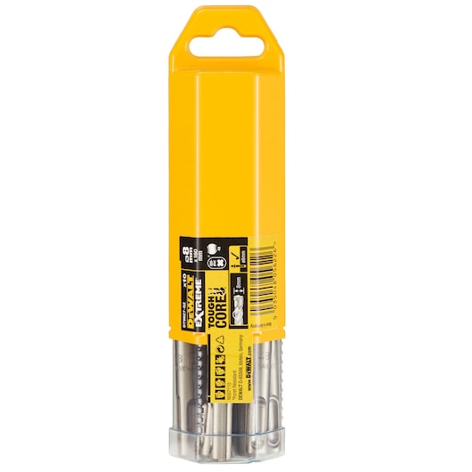 DEWALT DT9827 drill bit set in yellow packaging, visible label and metal bits inside clear bottom.