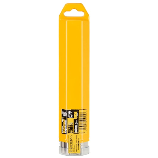 Yellow DEWALT DT9830 drill bit pack with hanging tab, viewed from the back on white background.