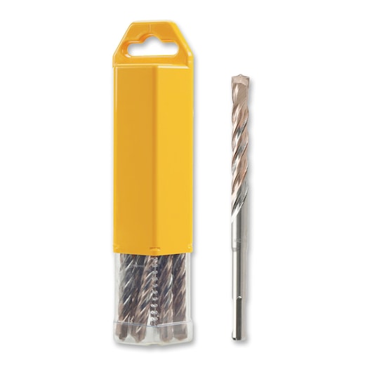 Yellow plastic box with DEWALT drill bits, one bit shown outside beside the box, on white background.
