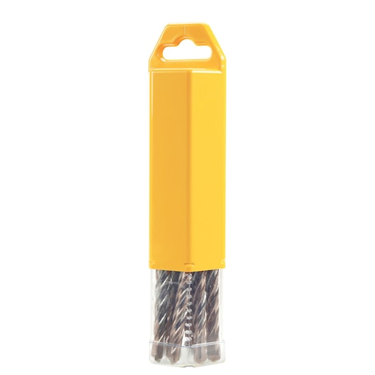 Yellow DEWALT drill bit pack with transparent bottom, showing metal drill bits inside.