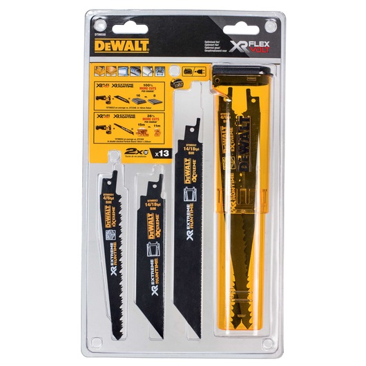 DEWALT DT99550 saw blade set in packaging, includes multiple blades and a storage case.