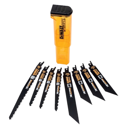 DEWALT DT99551 set with 8 black saw blades and a yellow storage case for reciprocating saws.